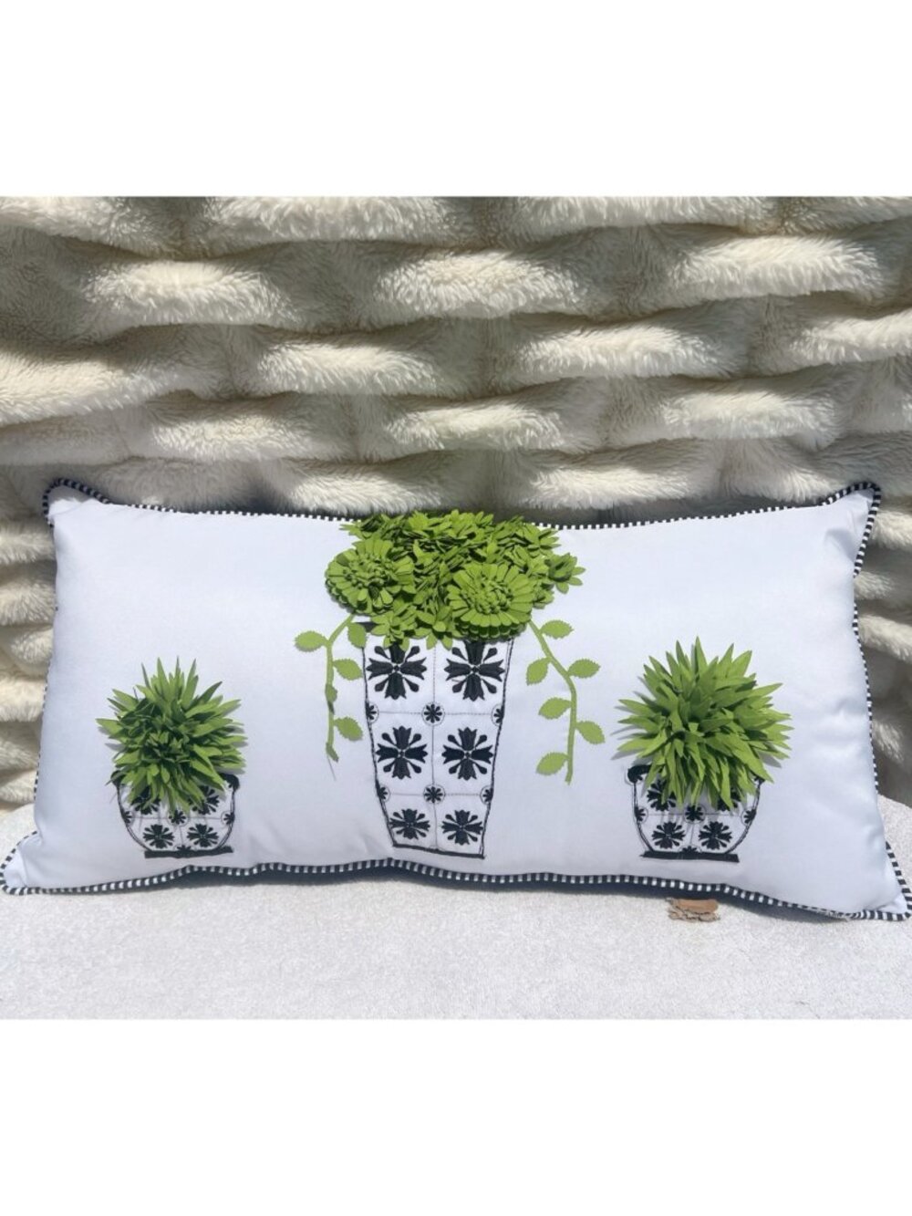 Decorative Lumbar Pillow With Green Succulent Embroidery & Black Stripe Edges
